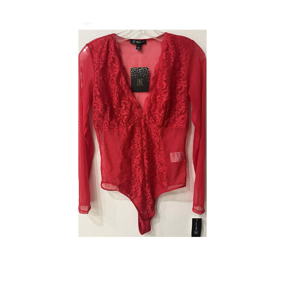 INC International Concepts Sz M NOT SO BASIC Sheer Sleeve Red Bodysuit - Picture 4 of 6